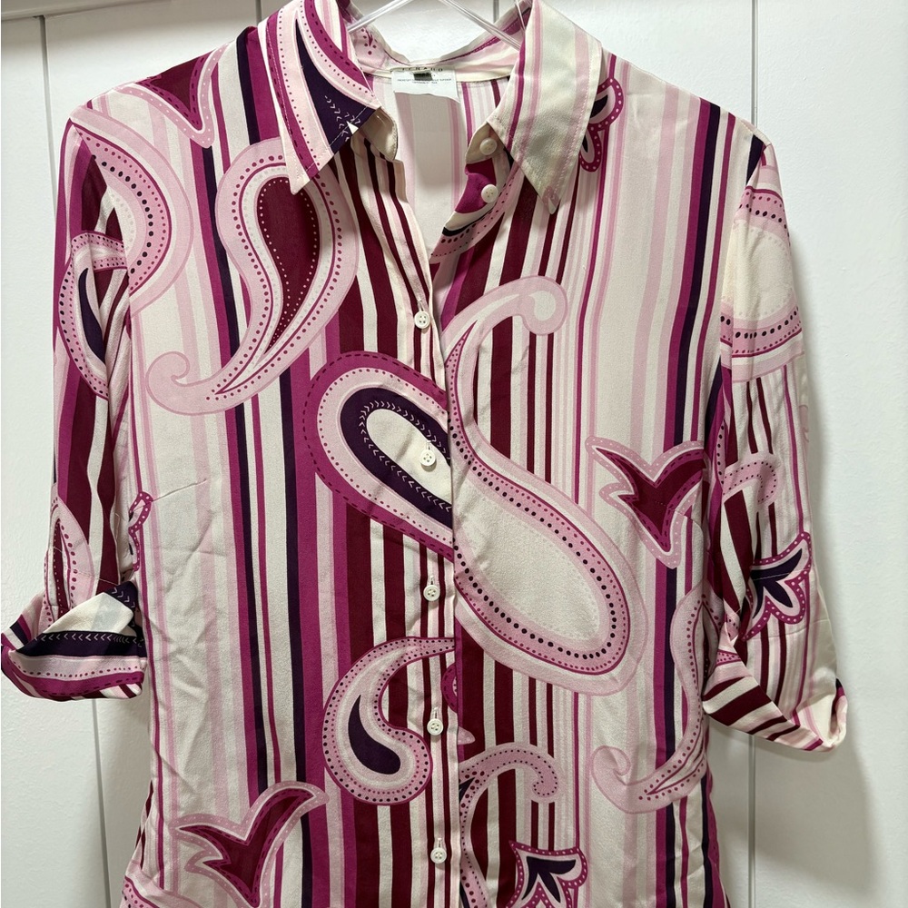 Vintage Feraud Purple Mauve White Blouse Size 34 US 4 Silk EUC